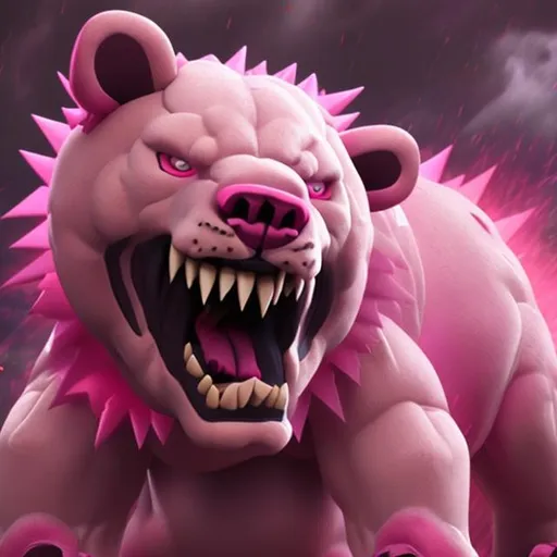 Prompt: Pink Bear, Wild, Foaming at Mouth, Roar, Demon Rage Mode Anger, Prophecy of Revelation, Anger Point, Max Attack Stat