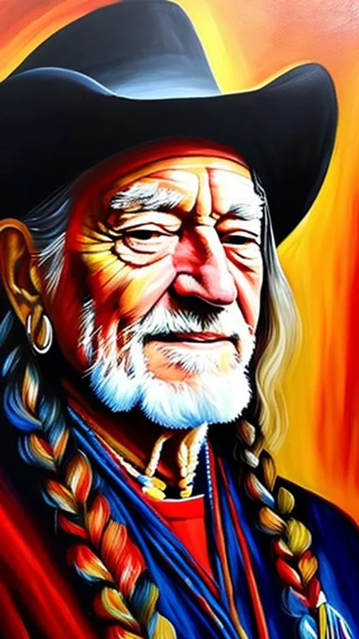 Prompt: a painting of Willie Nelson in the style of Lesley Daunt
