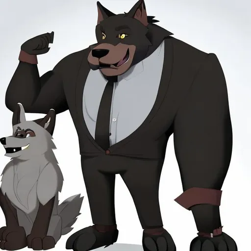 Prompt: Linnux the big buff anthro wolf is wearing black business suit is my older boyfriend from "Rock dog stle"