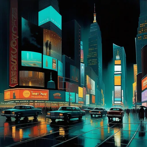 Prompt: Times Square at night, creepy, rain, fog, cold teal atmosphere, cartoony style, extremely detailed painting by Greg Rutkowski and by Henry Justice Ford and by Steve Henderson 

