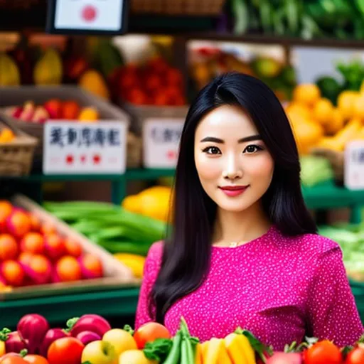 Prompt: Portrait of Chinese lady with symmetrical face, with backdrop of fruit and vegetable stall