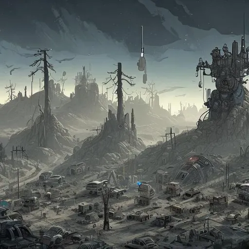 Prompt: Post apocalyptic town with futuristic tech on a hill surrounded by dead trees and monsters 
