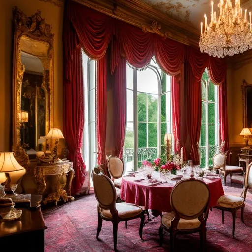 Prompt: "Generate an image of a romantic dinner scene for two in an 18th-century French château. We are inside a meticulously decorated room, adorned with all the details of the era. The room exudes an ambiance of peace, warmth, and romance. As I open the window, a breathtaking view unfolds—a magnificent French garden meticulously maintained, adorned with all the springtime flowers of the era. The view from the window is the focal point, showcasing the splendid garden in vibrant spring colors. It's dusk, and the sky is painted with vibrant hues, enveloping the scene in a serene and romantic atmosphere."" ultra hd, realistic, vivid colors, highly detailed, UHD drawing, pen and ink, perfect composition, beautiful detailed intricate insanely detailed octane render trending on artstation, 8k artistic photography, photorealistic concept art, soft natural volumetric cinematic perfect light" 