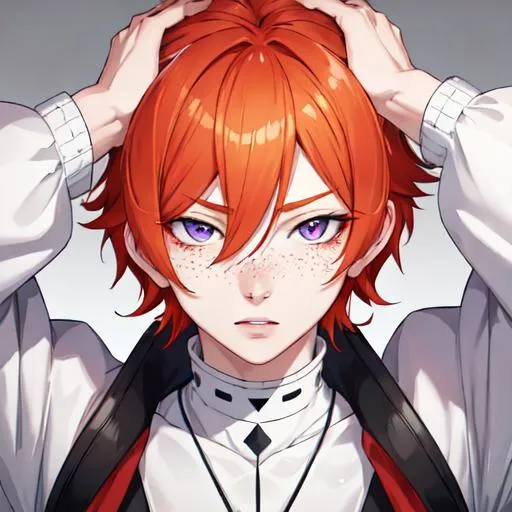 Prompt: Erikku male adult (short ginger hair, freckles, right eye blue left eye purple) UHD, 8K, Highly detailed, insane detail, best quality, high quality,  anime style