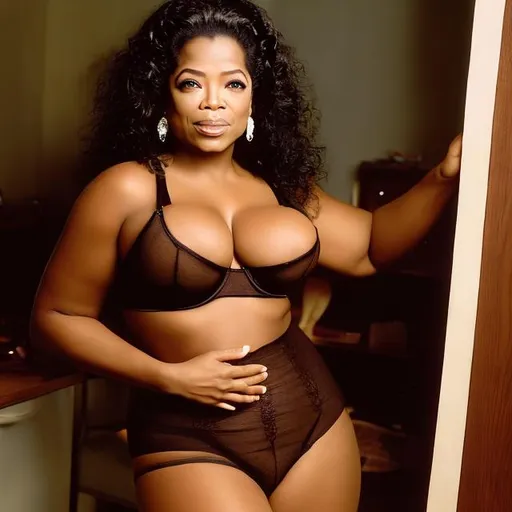 Prompt: 20 year old Oprah, colossal mammaries, thin waist, wide hips, see through lingerie