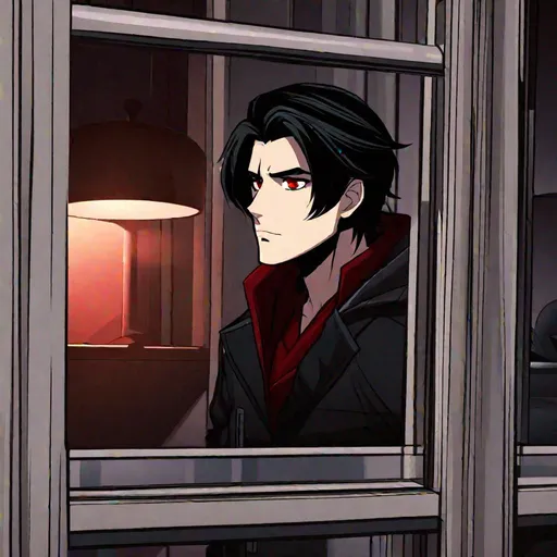 Prompt: Damien  (male, short black hair, red eyes) staring out the window, stalking