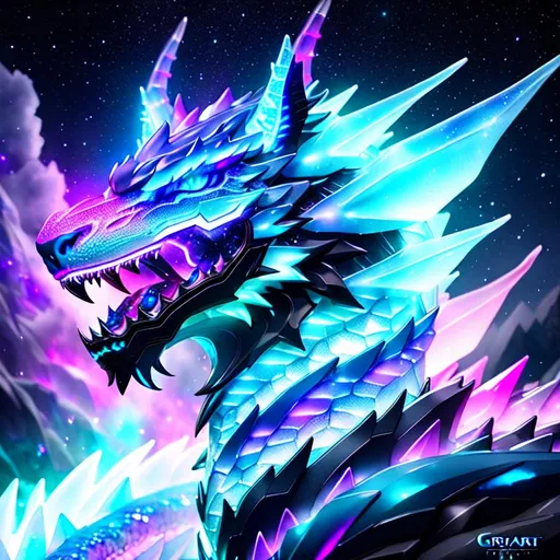 Watercolor portrait of a roaring neon ice dragon wit...