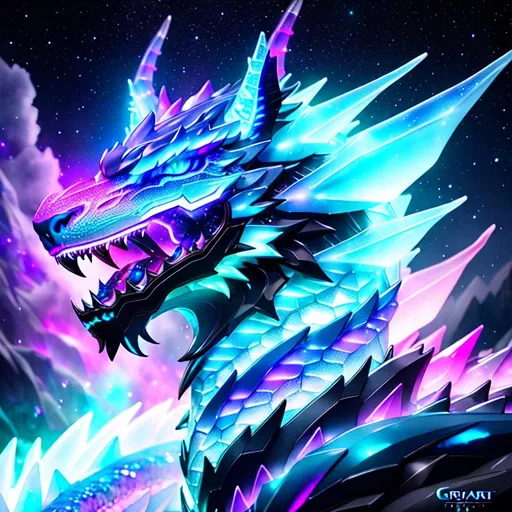 Watercolor Portrait Of A Roaring Neon Ice Dragon Wit