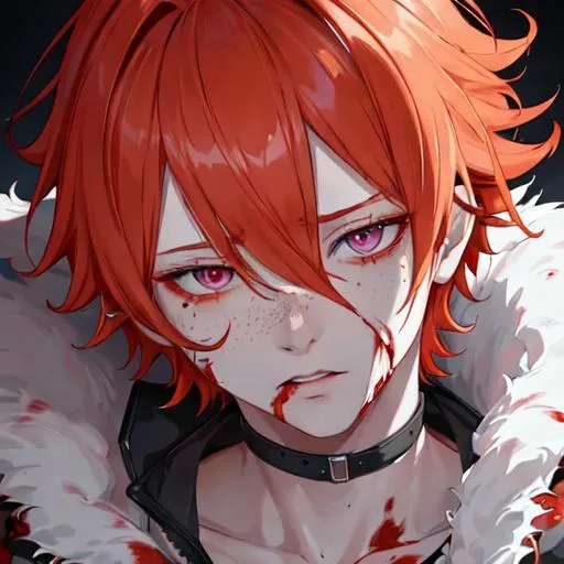 Prompt: Erikku male adult (short ginger hair, freckles, right eye blue left eye purple)  UHD, 8K, insane detail anime style, covered in blood, psychotic, covering his face with his hands, face covered in blood and cuts, blood highly detailed, looking to the side