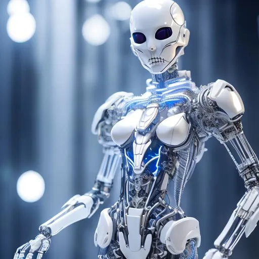 Prompt: Full body in the shot. Epic. ((Ultra-detailed depiction)). (Beautiful and aesthetic:1.2). a Skeleton Gynoid sorcerer ((robotic limbs)), Bald ((Hairless)), Porcelain Skin, White Skin, Blank expression, exposed wiring. dynamic pose, highly detailed, masterpiece. realistic proportions, correct proportions, anatomically correct hands.