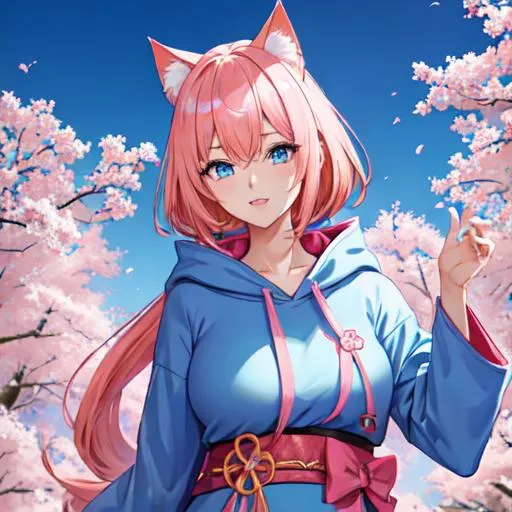 Prompt: Japan as a female human, 8k, UHD,  highly detailed, pink hair, blue eyes, cat ears, wearing a hoodie