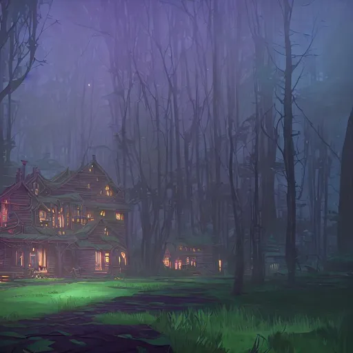 Prompt: Village in a forest with low lighting, purple lights, at midnight