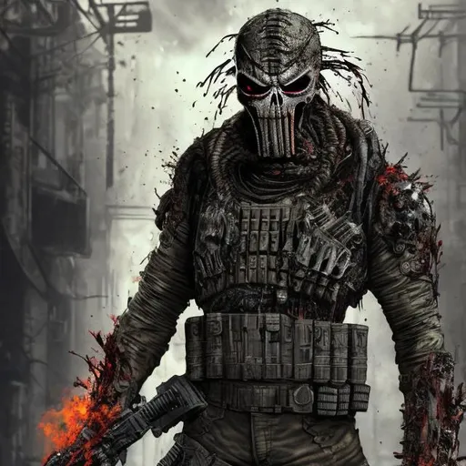 Prompt: Redesigned Gritty dark camouflage. Skull armour. intense futuristic military commando-trained villain Todd McFarlane's punisher Spawn. Bloody. Hurt. Damaged mask. Accurate. realistic. evil eyes. Slow exposure. Detailed. Dirty. Dark and gritty. Post-apocalyptic Neo Tokyo with fire and smoke .Futuristic. Shadows. Sinister. Armed. Fanatic. Intense. 