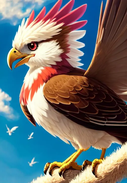 Prompt: UHD, , 8k,  oil painting, Anime,  Very detailed, zoomed out view of character, HD, High Quality, Anime, , Pokemon, Pidgeotto is a medium raptor-like avian Pokémon. It is covered with brown feathers, has a cream-colored face, underside, and flight feathers. It has a crest of pinkish-red feathers on its head and black, angular markings behind its black eyes. The plumage of its tail has alternating red and yellow feathers with ragged tips. Pidgeotto's beak and legs are pink. Two of its toes point forward, while one points backward. Additionally, it has powerful, sharp talons that it uses to grasp prey.

Pidgeotto is a powerful flier capable of carrying prey several miles to its nest. It has amazing vision, which helps it locate preferred prey Pokémon such as Exeggcute and Magikarp. The anime has also depicted it preying on Caterpie. Pidgeotto claims a sprawling territory of more than 60 miles (100 kilometers), which it defends fiercely. Its nest is usually in the center of its territory and it circles its territory throughout the day, looking out for food and intruders. It is most often found in temperate forests.

Pokémon by Frank Frazetta