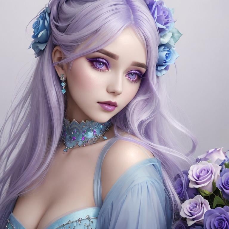 A beautiful woman, white hair with pastel purple hig...