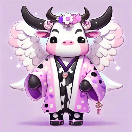 Prompt: cow anthropomorphic, kawaii style,  white fur with black spots, Black and White Angel Wings, wearing black pants white shirt and a pink and purple open kimono-like jacket, Angel of Serenity and Devotion, Masterpiece, Best Quality 