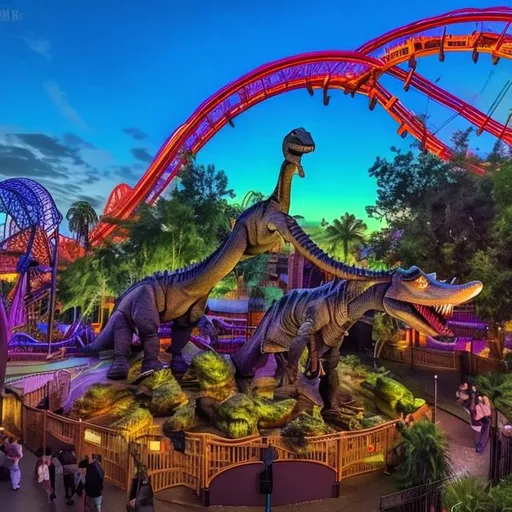 Prompt: themepark,dinosaurs,rolloercoasters,dusk,vibrant,bright

