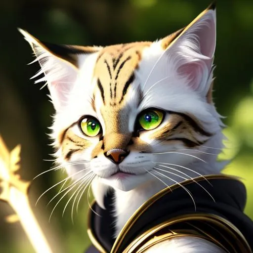 Prompt: (masterpiece), (best quality:1.2), (intricate detail), dynamic angle, looking at viewer, (female), ((solo)), (((full body))), (slender), (((tabaxi))), (((white fur))), ((green pupils)), (((light armor))), leather armor, ((cloak)), gentle, kind, cute, ((cute expression)),
flower background