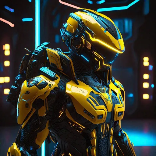 Prompt: "Unreal Engine 5 render :: 3D :: HDR:: (Game Asset, 3D model of ultra-detailed cyberpunk armor on a stand) :: Yellow carbon fiber armor with neon LED lights strips :: In the background is a futuristic armory :: maximalist intricate detailed:: ray tracing:: photorealistic, cinematic :: sci-fi, futuristic :: artstation :: concept art :: Christopher Lovell + Bojan Jevtic + Artgerm + WLOP:: 8k :: ZBrush :: CGSociety"