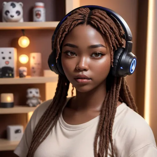 Prompt: 25-year-old African-Thai woman, wearing light-up gaming headset with attached microphone, chocolate brown skin, deadpan expression, 桃花眼, black iris, epicanthic fold, full sienna lips, chubby cheeks, wide bridge button nose, no makeup, faux locs hair, detailed eyes, lips, hair, curvy overweight physique, grunge top, straight soft eyebrows, soft features, nose ring, at home with anime figurines on shelf, dusk high-res, intense gaze, detailed, atmospheric lighting, close-up, realistic