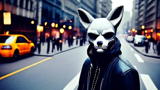 Prompt: a cool man with a patch on his right eye, with a jacket on which skulls are painted, stands backwards, he stands on the street, there is a thunderstorm on the street at night he is not wearing a mask, he has a bandage on his right eye 
on the street he stands alone at night without light, a fox mask on his face
