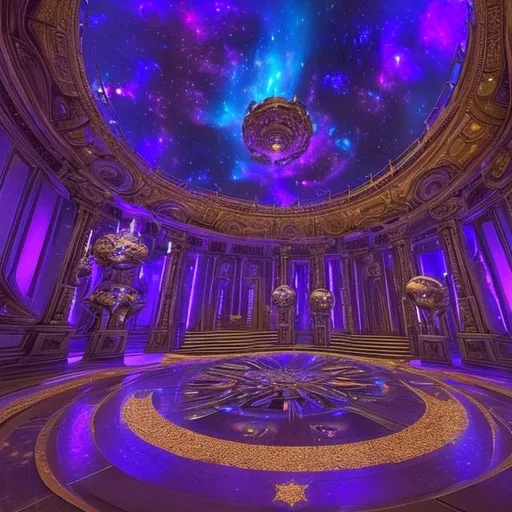 Prompt: a space themed lake place where a space goddess would be with some stairs that lead down to heaven, and in front of those stairs is a big purple metallic gate (like the golden gates but purple), and a purple and gold throne in the center w some stars surrounding the place and small spiral galaxies everywhere