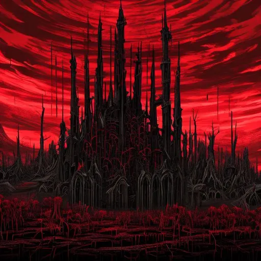 Prompt: A large tower made of bone looms over a terrifying landscape of red and black.