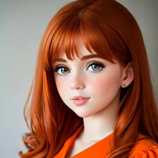 Prompt: baby  girl with very light auburn hair and big hazel eyes wearing a orange dress, closeup