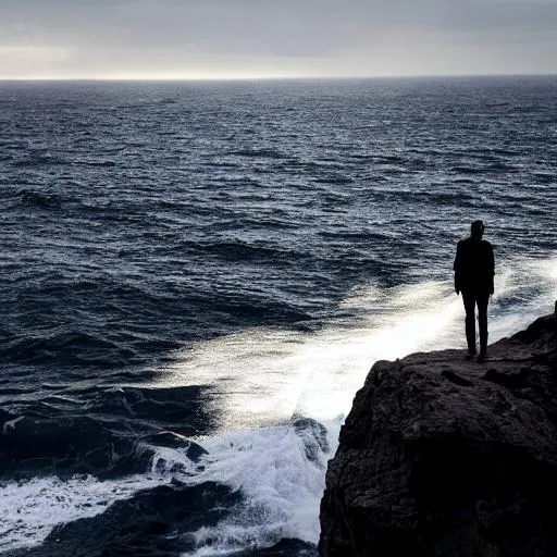 Prompt: A person standing on a cliff overlooking a dark, turbulent sea. As they face the horizon, their eyes are full of resolve. Behind them, the last rays of sunlight are fading, casting long shadows on the ground. This image represents the idea of confronting one's fears and the inevitability of facing the darkness.