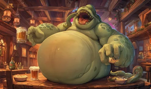 Prompt: (tahm kench gigantic character), (bloated blob belly), large mouth, huge arms, huge legs, expressive face, playful demeanor, holding a beer stein, frothy beer spilling, exaggerated proportions, whimsical style, vibrant colors, dynamic pose, lively atmosphere, (ultra-detailed), lively background depicting a festive tavern, warm lighting, cozy ambiance.