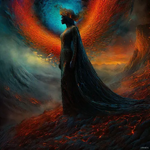 Prompt: The fool tarrot character co-designed by abraxas Zdzislaw Beksinski,  liminal photography, intricate detail, volcanic eruption, angelic  woman illuminated from within, biotech, magic, fantasy, mysterious, 3D, colorful , Full Body, Halo, Art Deco, Intricate Intricate, Line Art Weave, Black Mist, Background with a Large Halo, Telephoto Lens, Panoramic, Ultra-realistic, Ultra-Fine, Ultra Crazy Detail, Complex Detail Processing, 16k, High Detail, High Detail, Post Process, Ultra HD, Ultra Resolution, Denoising, Art Station, Black Light, Dark Tones