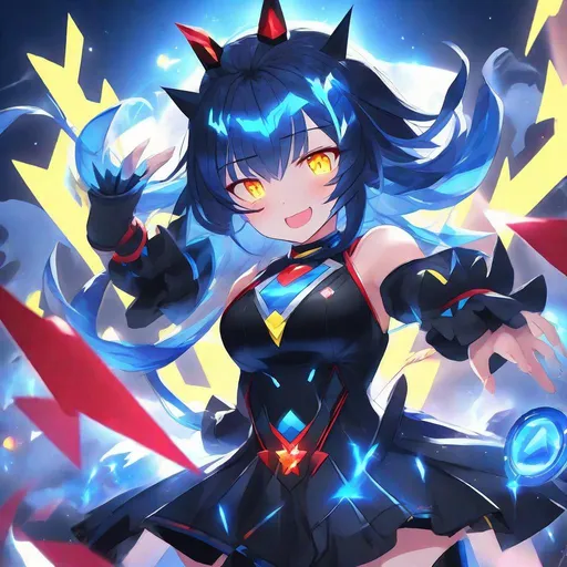 Prompt: Magical Transformation Girl, Black costume with blue trim, blue lightning ribbons, red zigzag gem, blue spikes, Cloud-like Black hair with blue highlights, glowing yellow eyes, masterpiece, best quality