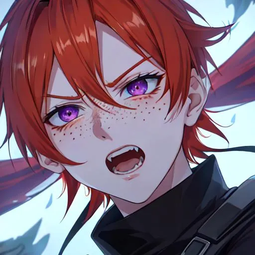 Prompt: Erikku male adult (short ginger hair, freckles, right eye blue left eye purple) UHD, 8K, Highly detailed, insane detail, best quality, high quality,  anime style, in purgatory, yelling, angry