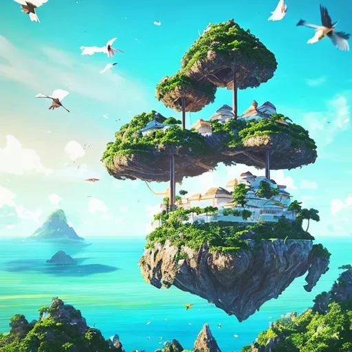 Prompt: three birds perched atop a floating island. The island is surrounded by calm, blue water and has a large tree in the centre with two benches beneath it. The sky above is bright green and filled with white clouds. One bird stands on the edge of the island looking out at the horizon while another sits on one of the benches, its wings spread wide as if taking in all that surrounds it. The third bird perches atop a branch near the top of the tree, its beak open as if singing or calling out to its companions below. All three birds have colourful feathers ranging from blues and greens to yellows and oranges.