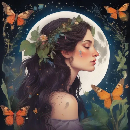 Prompt: A profile beautiful and colourful picture of Persephone with brunette hair and with gems in her hair, surrounded by plants, moths and animals framed by the moon and constilations