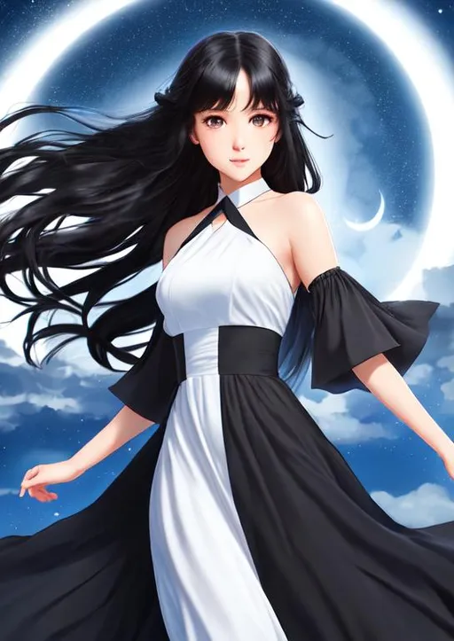 Blue eyes long hair black dress profile simple background anime