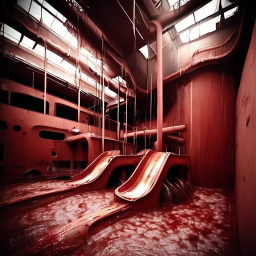 Prompt: Indoor water slides empty dirty vomit dilapidated night dim lighting red dirty dry dark drain meat flesh nightmare holes deep empty