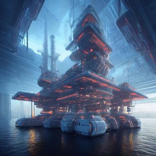 Prompt: neofuturistic oil rig floating city hall