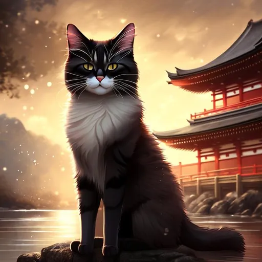 Prompt: emotional cat setting by a river mourning dramatic lighting portrait digital adorable special fanciful the chosen one emotional japan style