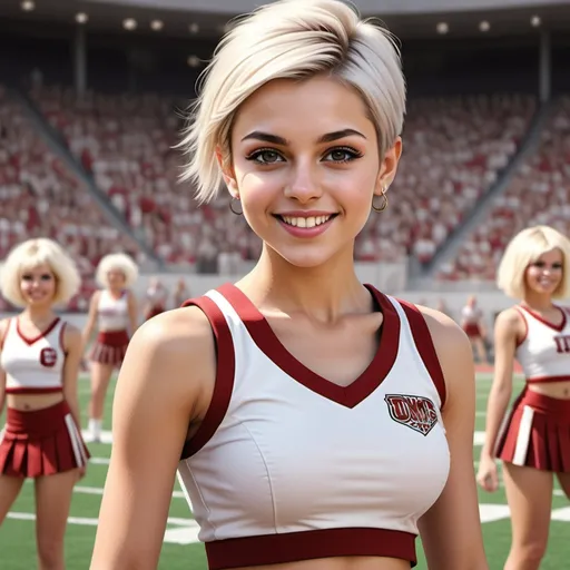 Prompt: Football game backdrop, (ultra realistic digital drawing), Create an image of an (ultra feminine and athletically slim and beautiful petite looking girl),  ((very short cropped hair in random color hair)), (wearing a cheerleader uniform with short cheerleading skirt and tight no-sleeve cropped top), (((highly detailed, ultra soft, petite feminine facial features))),Dynamically posed Performing at a college football game, warm and inviting hues, emphasizing the softness of light, creating a cozy ambiance, extraordinary detail, rich textures, atmospheric depth, high-quality image, elaborate backdrop.