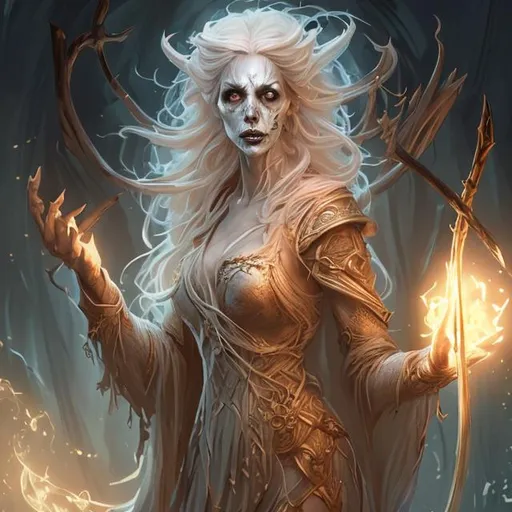 Prompt: Full body splash art of a female undead sorceress casting a spell, very long dirty blonde hair, wearing long light-colored iridescent robe, carrying a wooden staff, D&D, fantasy, highly detailed, sharp focus, digital painting, artstation, concept art, 4k, 8k