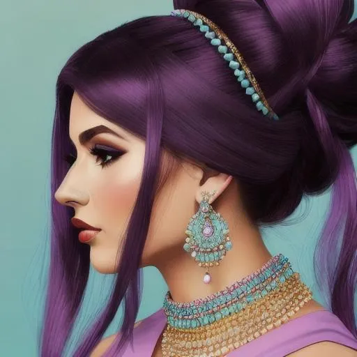 Prompt: woman, purple topknot with turqouise jewels, pastel pink background