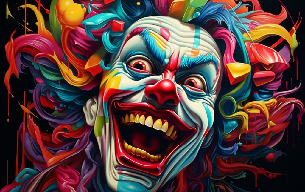 Prompt: an artist's image of a clown painted in bright colors, in the style of hyper-detailed illustrations, iconic pop culture caricatures, animated gifs, aggressive digital illustration, toycore, caricature faces, illusory wallpaper portraits