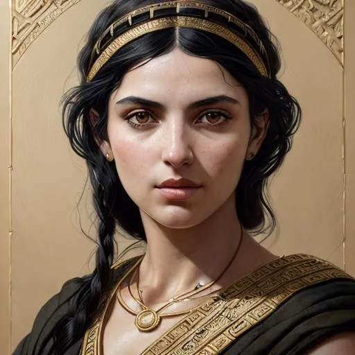 Prompt:  Portrait of a beautiful  Ancient Greek woman with Black hair and olive skin with a beautiful face. Dark eyes.  perfect composition, hyperrealistic, super detailed, 8k, high quality, trending art, trending on artstation, sharp focus, studio photo, intricate details, highly detailed, by greg rutkowski