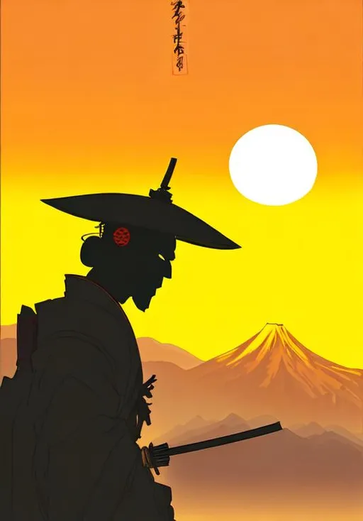 Prompt: japanese ronin, sunny background, mountains in distance, traditional art, masterpiece, steampunk