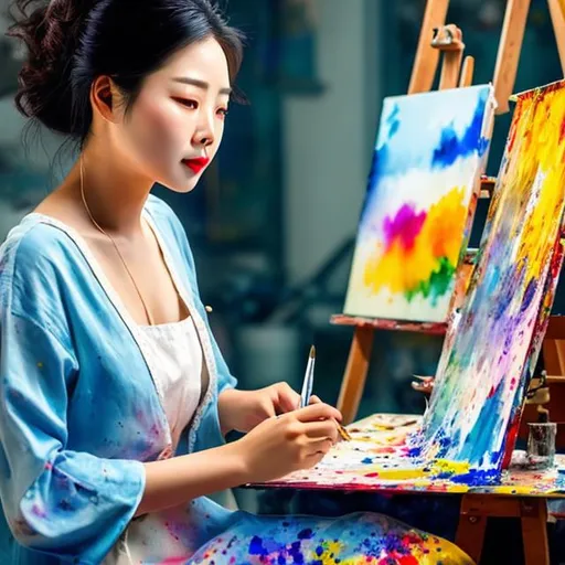 Prompt: A painter sat at his working desk, painting a watercolor portrait of a beautiful woman's face. The woman is sad, tears drop from one eye.