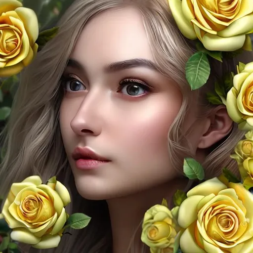Prompt: Yellow rose queen hyper realistic face features hyper detailed small head crown