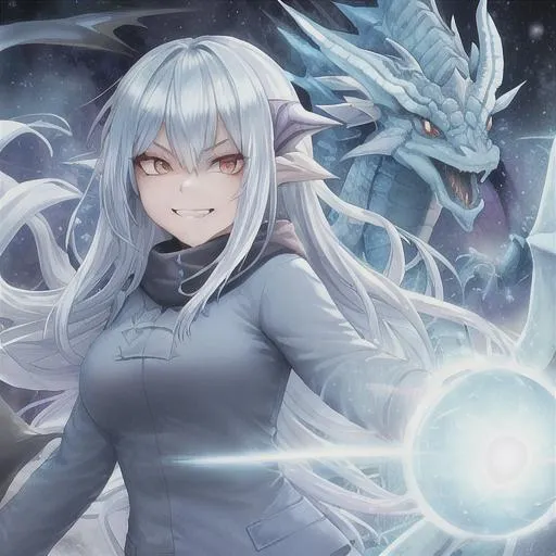 Prompt: young woman, evil grin, surrounded by light blue energy in the form of a dragon, winter clothing