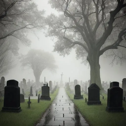 Prompt: Create an eerie ambiance in a misty cemetery, where wandering spirits share their stories with faint whispers, soft footsteps, and rustling leaves.