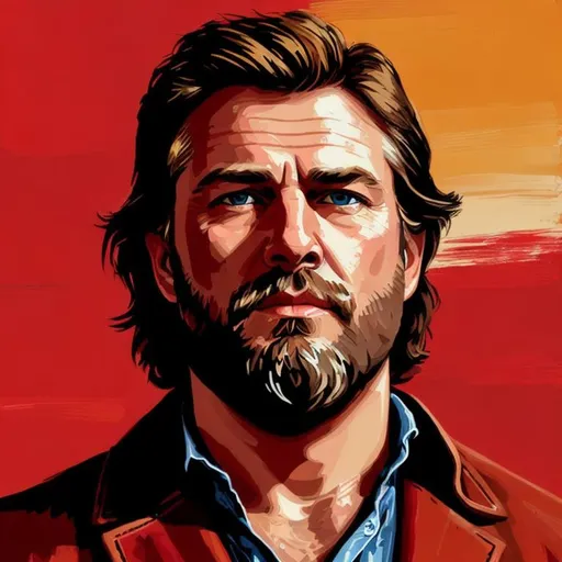 Prompt: Middle Aged White Man. Messy Hair. Blonde Hair Colour. Full Thick Beard. Blue Eyes. Chiseled Face. Fair Skin. Untidy appearance. White Unbuttoned Shirt. Stern Expression. Upper half portrait. Intricate detailing. Detailed Lines. Oil paint brush strokes. Western movie artwork. Red dead redemption inspired. Red background. Red background with RDR2 shadow woods. Red Dead inspired background. Red Dead Redemption Inspired background.